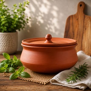May include: A round terracotta cooking pot with a matching lid, featuring a smooth, matte reddish-brown finish. The pot has a wide, curved body and a central knob on the lid, presented as a functional kitchen vessel for food preparation.