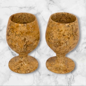 Elegant Set of 2 Fossil Stone Goblets - Luxurious Home Decor Accent