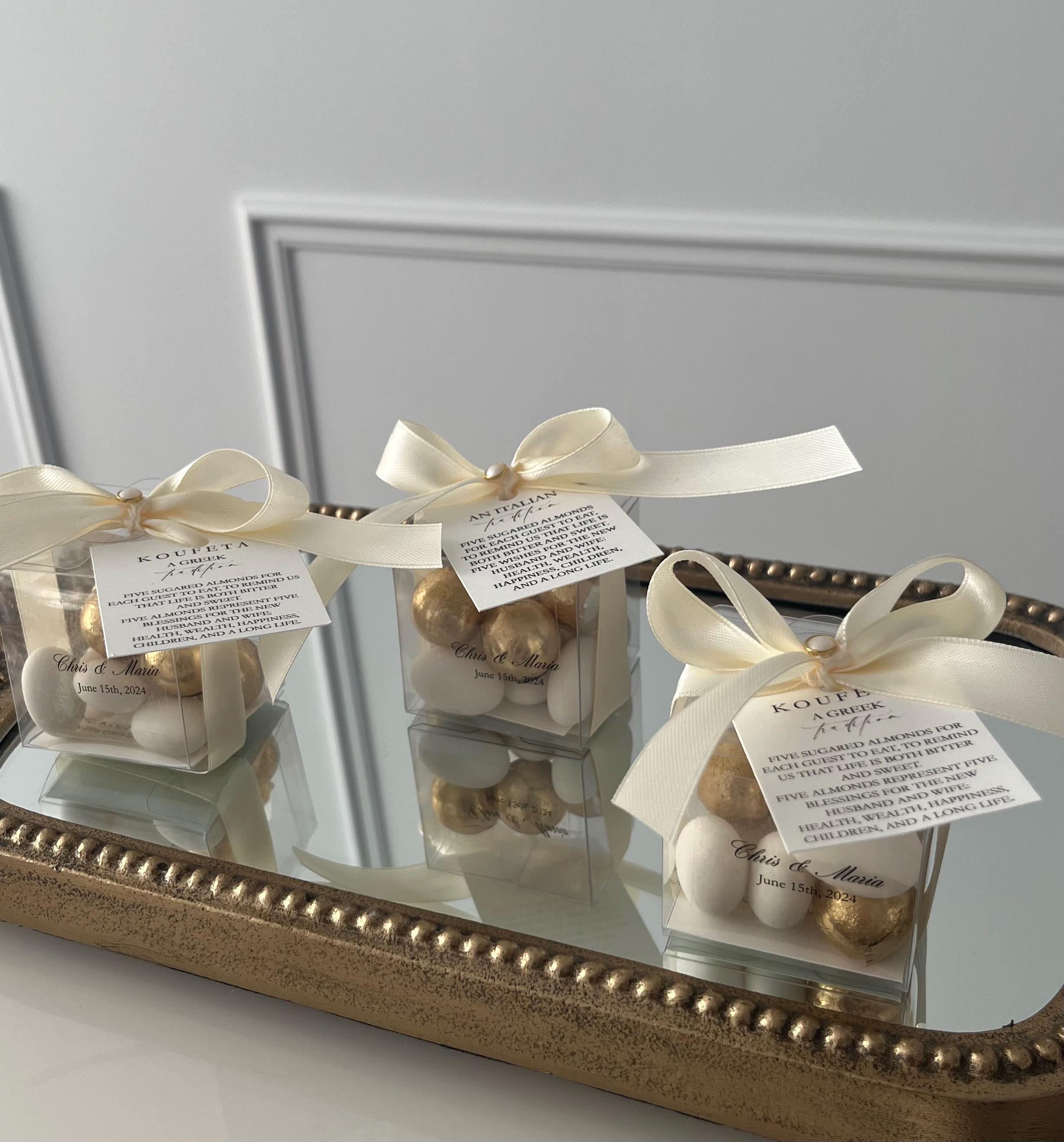 Wedding or Engagement bomboniere/party favour; Personalized box, 5 koufeta & 3 milk chocolates