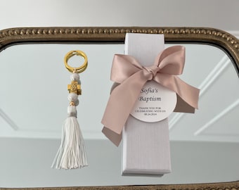 Orthodox Baptism Bomboniere; Keychain, Personalized tag, white box with satin bow