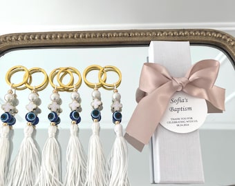 Baptism, Baby shower, Bridal Shower, Christening, First Communion, Engagement Bomboniere; Keychain, white box & satin bow