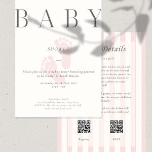 Bearbeitbare Mädchen-Babyparty-Einladung Rosa-Baby-Fuß-Druck-moderne Einladung Minimalistisches sauberes und klassisches Thema fertigen KOSTENLOS in Canva an