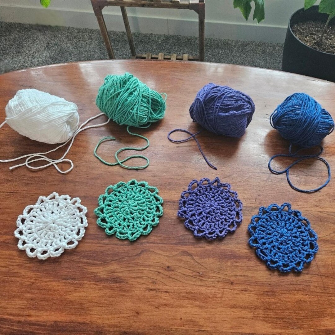 Hand Crocheted Cotton Drink Coasters Set of 4 Round 4 Inch With Unique ...