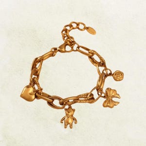 Liora Handmade Stainless Steel Heart & Bear Charm Bracelet for Women, Fashion Chain Link Jewelry