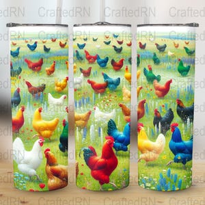 Colorful Chicken Art Design, Unique Farm Themed Graphic 20 oz tumbler wrap, Quirky Chicken Lovers , Vibrant Chicken Field Print