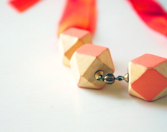 Geometric Beaded Silk Ribbon Necklace in Coral & Orange.