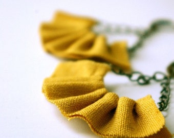 Linen ruffle earrings in mustard yellow.