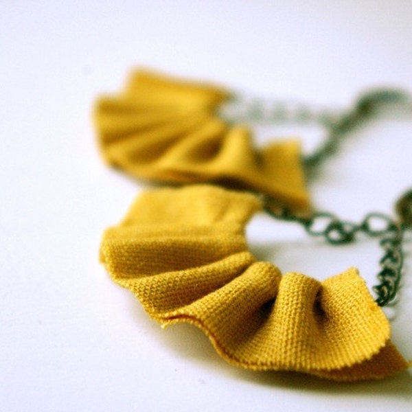 Linen ruffle earrings in mustard yellow.