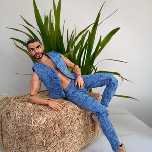 May include: A doll wearing a blue paisley vest and pants, paired with gold sneakers. The doll is posed on a hay bale, with green plants in the background. The doll has a beard and short dark hair.