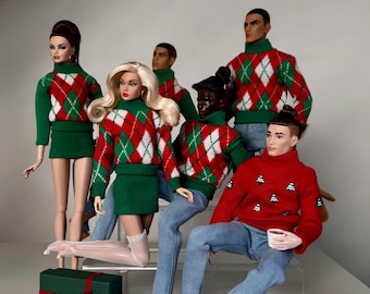 1:6 12" Scale doll Christmas Pullovers for Him and Her - for Ken, Fashion dolls