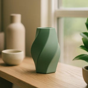 May include: A sage green vase with a twisted design sits on a wooden shelf. The vase has a matte finish and a unique, flowing shape. Other neutral-toned ceramic pieces are in the background, along with a potted plant. The vase is approximately 6 inches tall.