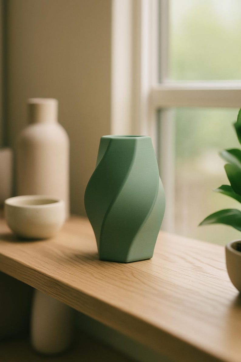 May include: A sage green vase with a twisted design sits on a wooden shelf. The vase has a matte finish and a unique, flowing shape. Other neutral-toned ceramic pieces are in the background, along with a potted plant. The vase is approximately 6 inches tall.