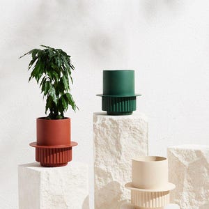 May include: Three contemporary plant pots in red, green, and beige. Each pot has a cylindrical shape and a ribbed base. One pot contains a leafy green plant. The pots are displayed on white, textured pedestals against a white backdrop.