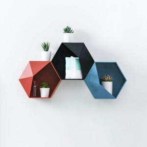 May include: Three geometric hexagon shelves in red, black, and blue are mounted on a white wall. Each shelf holds a small potted plant. The red shelf has a small glass bottle. The shelves are empty.