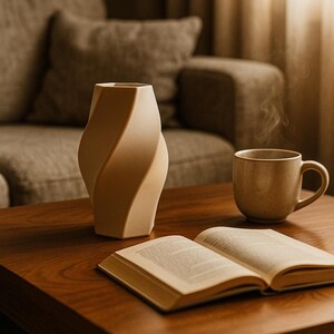 May include: A beige, twisted ceramic vase, a mug with steam rising, and an open book rest on a dark wooden table. The scene is set in a cozy living room with a sofa in the background, creating a warm and inviting atmosphere.