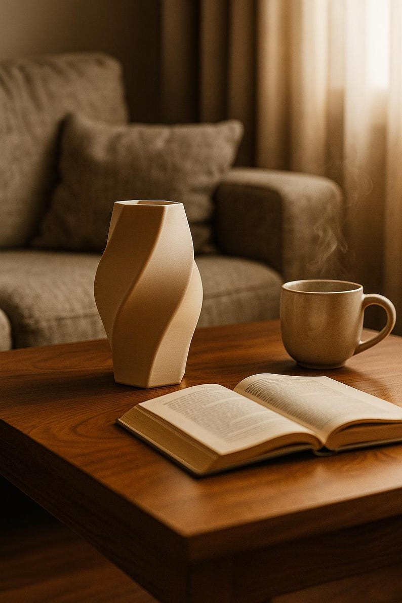 May include: A beige, twisted ceramic vase, a mug with steam rising, and an open book rest on a dark wooden table. The scene is set in a cozy living room with a sofa in the background, creating a warm and inviting atmosphere.