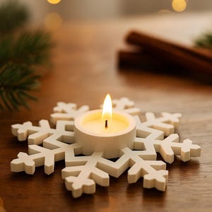 Puede incluir: Una vela encendida en un soporte blanco con forma de copo de nieve. La vela está en un pequeño recipiente redondo blanco. El soporte de copo de nieve está sobre una superficie de madera. El fondo tiene luces borrosas y un toque de vegetación.
