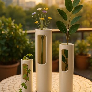 Op de afbeelding: Drie cr&egrave;mekleurige cilindrische vazen met rechthoekige uitsparingen, elk met planten en bloemen. De vazen staan op een moza&iuml;ektegel tafel buiten, met een vage stadsgezicht en groen op de achtergrond. De vazen vari&euml;ren in hoogte.