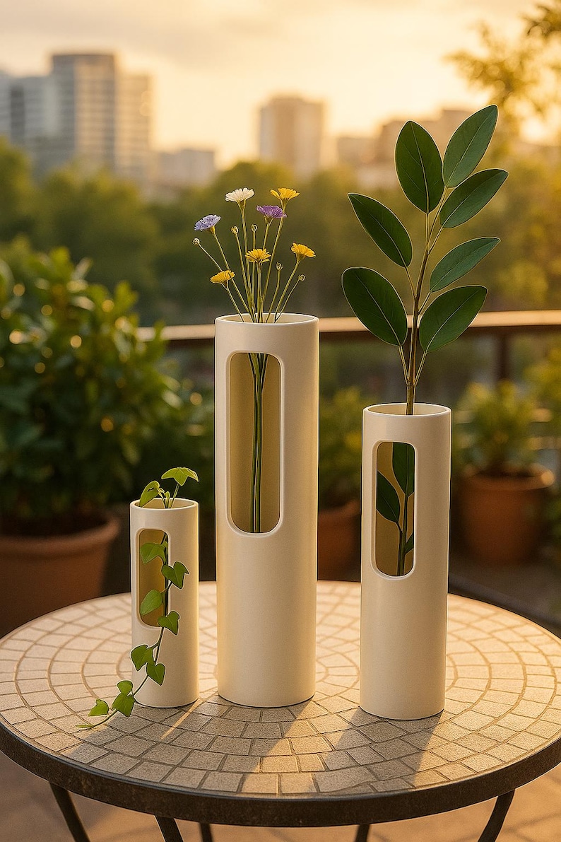 Op de afbeelding: Drie cr&egrave;mekleurige cilindrische vazen met rechthoekige uitsparingen, elk met planten en bloemen. De vazen staan op een moza&iuml;ektegel tafel buiten, met een vage stadsgezicht en groen op de achtergrond. De vazen vari&euml;ren in hoogte.