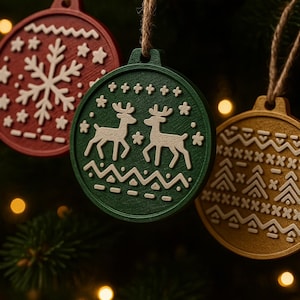 Puede incluir: Tres adornos navideños redondos con diseños festivos. Uno es rojo con un copo de nieve blanco, otro es verde con dos ciervos y el último es dorado con un patrón geométrico. Cada adorno cuelga de una cuerda de hilo natural.