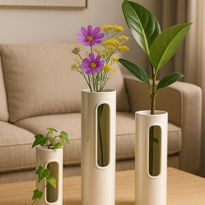 Op de afbeelding: Drie cr&egrave;mekleurige keramische vazen van verschillende hoogtes, elk met een verticale uitsparing. De vazen bevatten groen en bloemen, waaronder paarse cosmos en gele bloemen. De opstelling staat op een houten tafel, met een beige bank op de achtergrond.