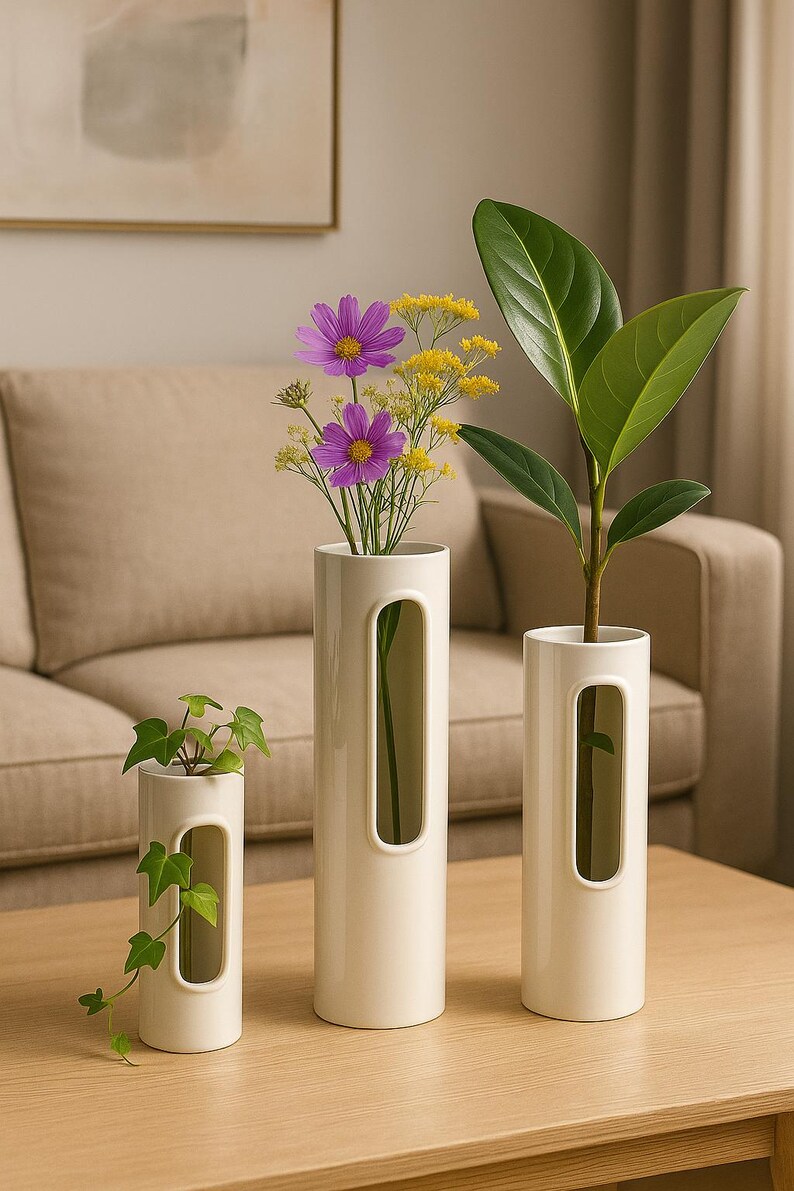 Op de afbeelding: Drie cr&egrave;mekleurige keramische vazen van verschillende hoogtes, elk met een verticale uitsparing. De vazen bevatten groen en bloemen, waaronder paarse cosmos en gele bloemen. De opstelling staat op een houten tafel, met een beige bank op de achtergrond.