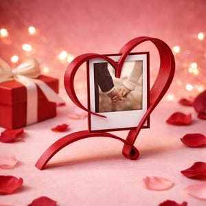 May include: A red heart-shaped photo holder with a picture of two people holding hands. A red gift box with a white ribbon is in the background. Scattered red and pink rose petals add to the romantic theme.