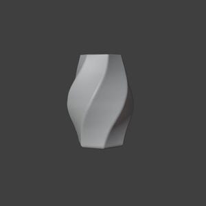 May include: A white, vase-shaped object with a twisted design. The vase has a square base and a wider top, with a smooth, matte finish. The background is a solid gray.