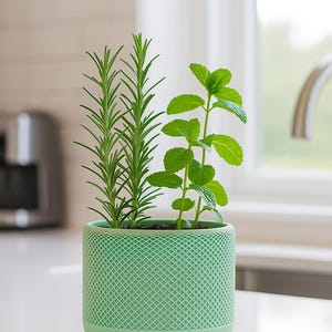 Puede incluir: Una pequeña maceta de cerámica verde menta con un patrón de diamantes texturizado, que contiene plantas de romero y menta. La maceta está sobre una encimera blanca, con una ventana y un grifo de cocina en el fondo.