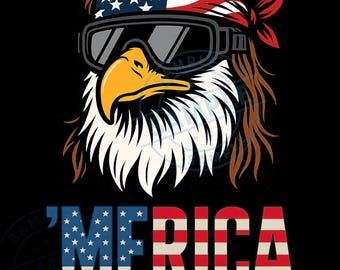 May include: A graphic illustration of an eagle wearing sunglasses and a headband with the American flag design. The word "MERICA" is displayed in red, white, and blue, with the letter "M" in blue with white stars.
