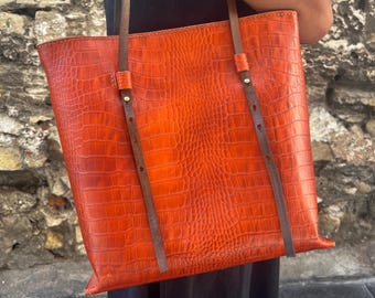 Handmade Orange Croc Embossed Leather Tote Bag: Large Shoulder Purse