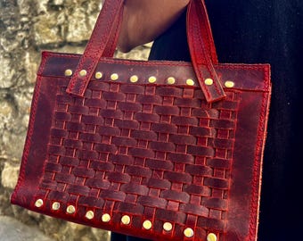 Handwoven Leather Tote Bag – Handmade Genuine Leather Purse with Stud Details