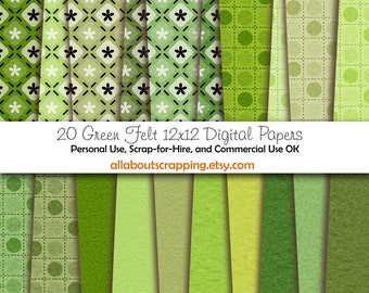 12" by 12" COMMERCIAL Use Digital Scrapbooking Paper - Green Felt Printed and Solid Digital Papers - Instant Download