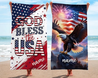 Personalized American Flag Beach Towel: Patriotic Bald Eagle