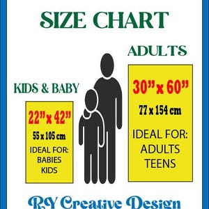 Op de afbeelding: Een maattabel met de tekst "SIZE CHART" in het groen. De tabel toont de maten voor baby- en kinderartikelen op 55 x 105 cm en voor volwassen artikelen op 77 x 154 cm. De tabel is gelabeld "RY Creative Design".