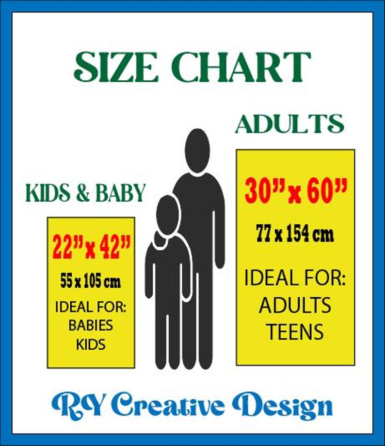 Op de afbeelding: Een maattabel met de tekst "SIZE CHART" in het groen. De tabel toont de maten voor baby- en kinderartikelen op 55 x 105 cm en voor volwassen artikelen op 77 x 154 cm. De tabel is gelabeld "RY Creative Design".