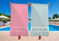 Groovy Striped Personalized Beach Towel, Pool Party Towels, Retro Style Bridesmaid Towel, Birthday Vacation Gift, Swimming Club Towel