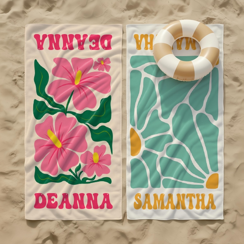 Retro Flowers Custom Beach Towel: Personalized Wedding - Birthday - Vacation Gift Bild 15