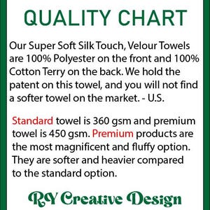 Op de afbeelding: Een witte afbeelding met een groene rand toont de tekst "QUALITY CHART". De tabel beschrijft de samenstelling van Super Soft Silk Touch, Velour handdoeken, inclusief het gewicht in gsm. De merknaam "RY Creative Design" staat onderaan.