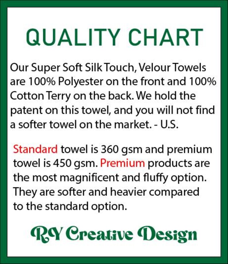 Op de afbeelding: Een witte afbeelding met een groene rand toont de tekst "QUALITY CHART". De tabel beschrijft de samenstelling van Super Soft Silk Touch, Velour handdoeken, inclusief het gewicht in gsm. De merknaam "RY Creative Design" staat onderaan.
