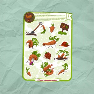 Könnte beinhalten: Ein Set mit 12 bunten Aufklebern, die Comic-Karotten mit verschiedenen Gesichtsausdrücken und Posen zeigen. Die Aufkleber befinden sich auf einem weißen Hintergrund mit grünem Laub. Der Text "Corrats - Garden Mayhem" und "Jefawk's Spaghettorium" ist ebenfalls enthalten.