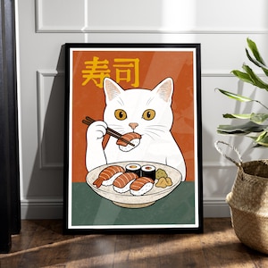 Sushi Cat Art Print – Japanese Food Poster – Funny Cat Wall Décor – Cute Retro Style,  Japanese Retro Style Art for Food and Cat Lovers.
