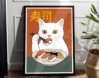 Sushi Cat-kunstprint: retro Japanse foodie-muurdecoratie
