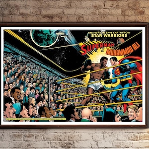 Può includere: Una copertina di fumetto vintage che mostra Superman che combatte Muhammad Ali in un ring di boxe. Il testo recita "La lotta per salvare la Terra dai guerrieri stellari. Superman contro Muhammad Ali."