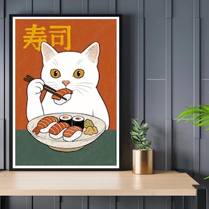 Sushi Cat Art Print – Japanese Food Poster – Funny Cat Wall Décor ...
