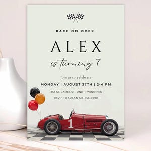 Vintage Red Race Car Birthday Invitation: Editable Template (Digital Download)