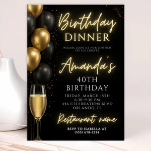Editable Birthday Dinner Invitation Template, Dinner Birthday Party, Black Tie Glam Birthday Dinner Invitation Printable Canva Template