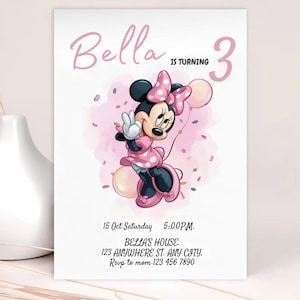 Pink Minnie Mouse Birthday Invitation: Watercolor Girl Party (Canva Downloadable Template 5x7in PDF)