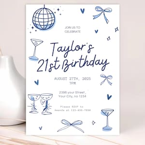 Trendy 21st Birthday Invitation: Disco Ball & Cocktails Canva Template (Instant Download)