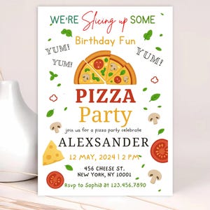Pizza Party Geburtstagseinladung Vorlage: Bearbeitbare Geburtstagskarte (Digitaler Download, 13 x 18,5 cm, PDF / JPG-Optionen)